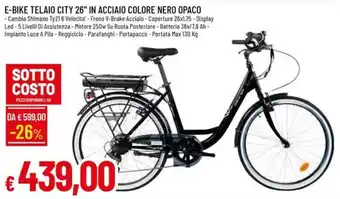 E-Bike Telaio City 26" in Acciaio Colore Nero Opaco