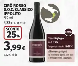 Ipercoop Cirò Rosso D.O.C. Classico Ippolito offerta