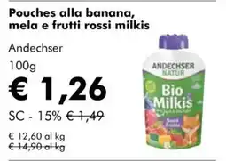 NaturaSì Pouches alla banana, mela e frutti rossi milkis Andechser offerta