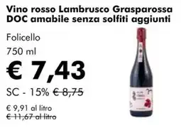 NaturaSì Vino rosso Lambrusco Grasparossa DOC amabile senza solfiti aggiunti offerta