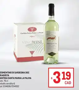Metro Vermintino di Sardegna DOC Aragosta Cantina Santa Maria la Palma offerta