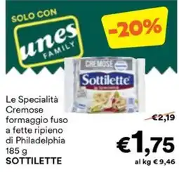 Unes Le Specialità Cremose formaggio fuso a fette ripieno di Philadelphia Sottilette offerta