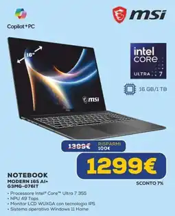 Euronics Notebook Modern 16S AI+ G3MG-076IT offerta