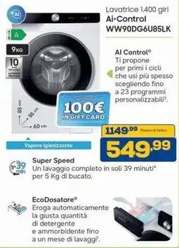 Euronics Bruno Samsung Lavatrice 1.400 giri Ai-Control offerta