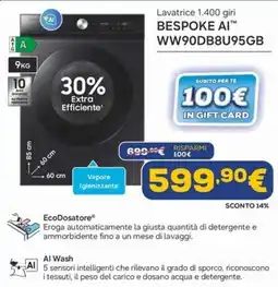 Euronics Lavatrice 1.400 giri BESPOKE AI offerta