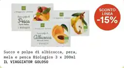 Borello Supermercati Succo e polpa di albicocca, pera, mela e pesca Biologico IL VIAGGIATOR GOLOSO offerta