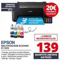 Comet Epson multifunzione Ecotank ET-1810 offerta