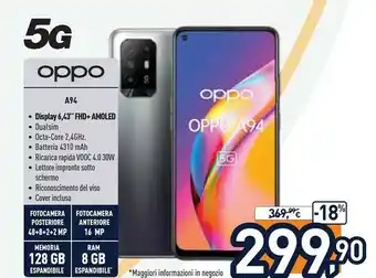 Unieuro A94 5g a94 smartphone 5g, 173g, display 6.43" fhd+ amoled, 4 fotocamere 48mp, ram 8gb espandibile fino a 13gb+rom 128gb, batt offerta