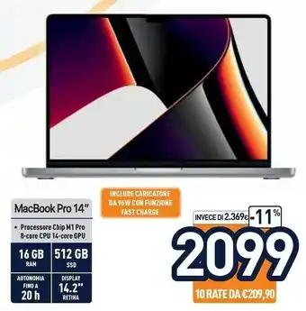 Unieuro Macbook pro 14" chip m1 pro 8‑core cpu 14‑core gpu 512gb ssd argento offerta