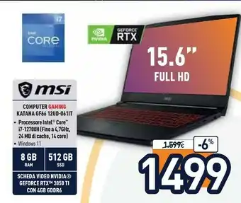 Unieuro Msi gaming katana gf66 12ud-061it computer portatile 39,6 cm (15.6") full hd intel® core™ i7 di 12a generazione 8 gb ddr4-sdr offerta