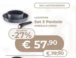 Mornati Paglia Lagostina Set 3 Pentole Mineralis Green offerta