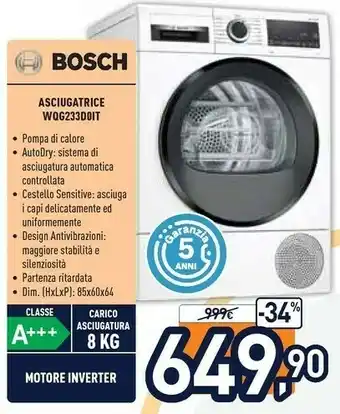 Unieuro Serie 6 wqg233d0it asciugatrice libera installazione caricamento frontale 8 kg a+++ bianco offerta