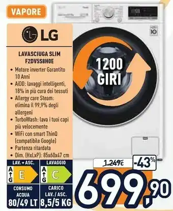 Unieuro F2dv5s8h0e lavasciuga slim intelligente aidd 8.5/5kg vapore turbowash 1200 giri/min carica frontale classe e offerta