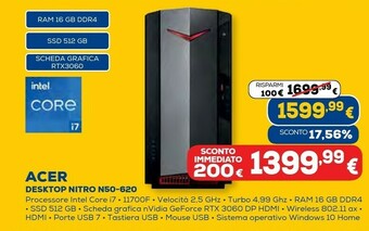 Euronics Nitro 50 n50-620 ddr4-sdram i7-11700f tower intel® core™ i7 di undicesima generazione 16 gb 512 gb ssd windows 10 home pc ner offerta