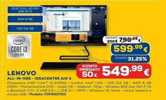 Ideacentre aio 3 24iil5 60,5 cm (23.8") 1920 x 1080 pixel intel® core™ i3 di decima generazione 8 gb ddr4-sdram 512 gb ssd pc