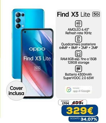 Euronics Find x3 lite smartphone 5g, qualcomm 765g, display 6.43'' fhd+amoled, 4 fotocamere 64mp, ram 8gb+rom 128gb, 4400mah, dual sim offerta