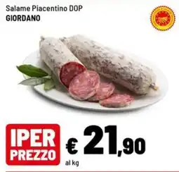 Iper La Grande Salame Piacentino DOP Giordano offerta