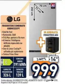 Unieuro Frigorifero combinato LG GBBW322CPY offerta