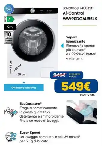 Lavatrice 1.400 giri Ai-Control WW90DG6U85LK