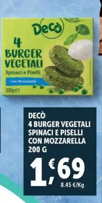 Decò burger vegetali spinaci e piselli con mozzarella