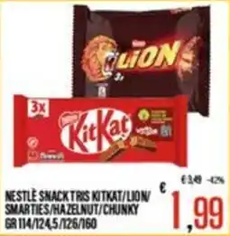 Supermercati EffePiù Nestlé snack tris KitKat/Lion/Smarties/Hazelnut/Chunky offerta