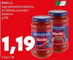 MEGA Sugo pomodoro e basilico arrabbiata Barilla offerta