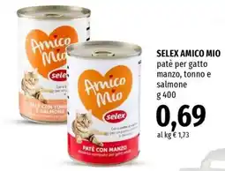 Famila Superstore Selex Amico Mio patè per gatto manzo, tonno e salmone offerta