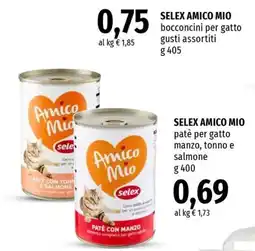 Famila Superstore SELEX AMICO MIO patè per gatto manzo, tonno e salmone offerta