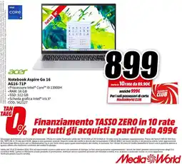 MediaWorld Notebook Aspire Go 16 offerta