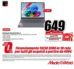 MediaWorld Lenovo Notebook IdeaPad Slim 3 offerta