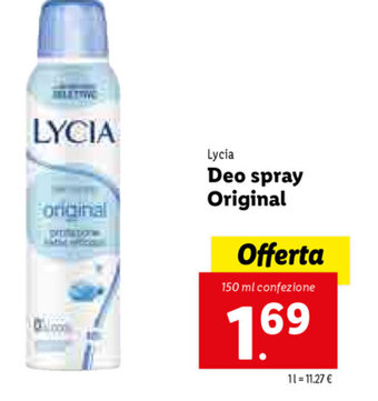 Lidl Lycia Deo spray Original 150ml offerta