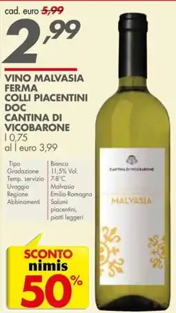 Italmark Vino Malvasia Ferma Collì Piacentini Doc Cantina di Vicobarone offerta