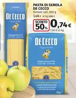 Ipercoop Pasta di semola De Cecco offerta
