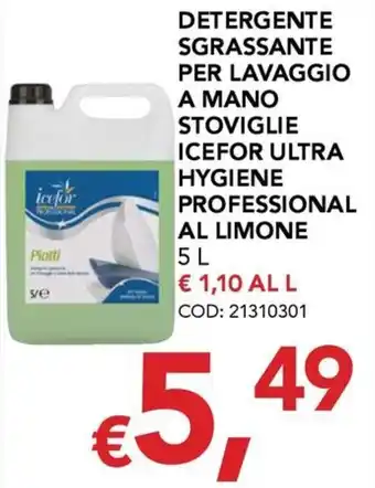 Detergente sgrassante per lavaggio a mano stoviglie Icefor Ultra Hygiene Professional al limone