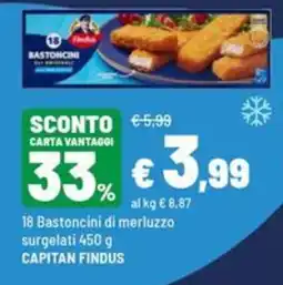 Iper La Grande 18 Bastoncini di merluzzo surgelati 450 g CAPITAN FINDUS offerta