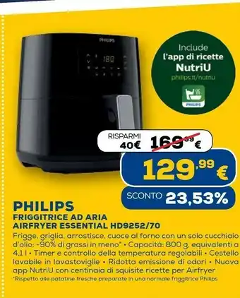 Essential airfryer hd9252/70 da 4,1 l e 0,8 kg con tecnologia rapid air