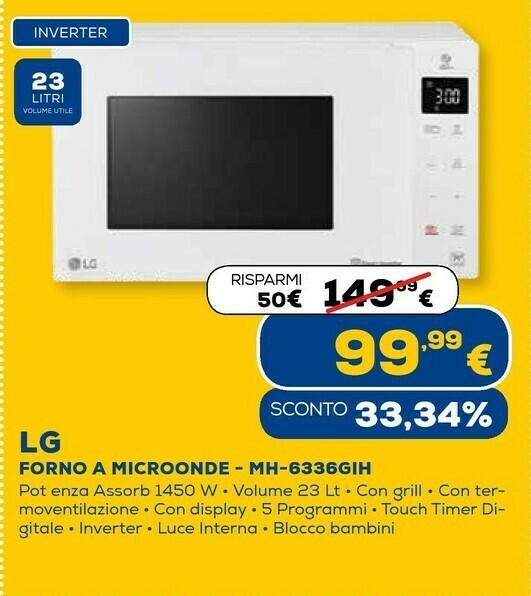 Mh6336gih forno a microonde superficie piana microonde combinato 23 l 1150  w bianco offerta di Euronics