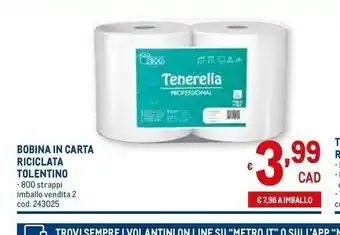 Metro Tenerella bobina in carta riciclata tolentino 800 strappi offerta