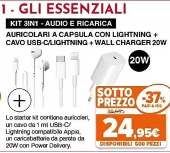 Expert Area auricolari a capsula con lightning + cavo usb-c/lightning + wall charger 20w offerta