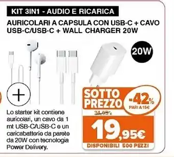 Expert Area auricolari a capsula con usb + cavo usb-c/usb-c + wall charger 20w offerta