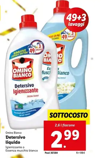 Lidl Omino Bianco Detersivo Liquido Igienizzante o Essenza muschio bianco 2,6L offerta