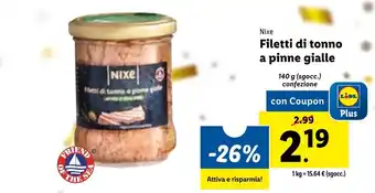 Lidl Nixe Filetti di tonno a pinne gialle 140g offerta