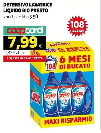 Ipercoop Bio Presto Detersivo Lavatrice Liquido vari tipi 5,58 litri offerta