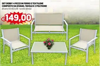Set Debby 4 Pezzi in Ferro e Textilene Composto da Divano, Tavolo e 2 Poltrone