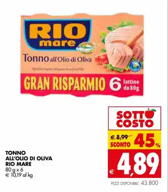 Tigros Rio Mare Tonno All'Olio Di Oliva 80g x 6 offerta
