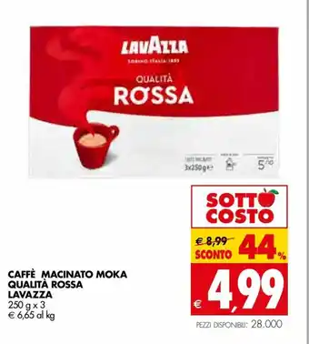 Tigros Lavazza Caffè Macinato Moka Qualità Rossa 250 g x 3 offerta