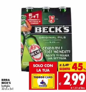 Tigros Beck's Birra 33 cl x 5+1 offerta