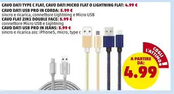 Cavo Dati Type C Flat, Cavo Dati Micro Flat o Lightning Flat