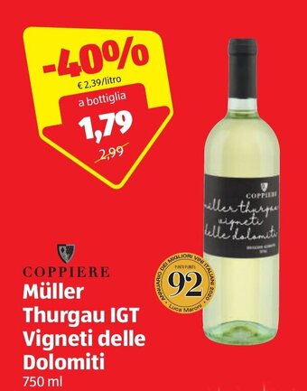 ALDI Coppiere Müller Thurgau IGT Vigneti Delle Dolomiti 750 ml offerta