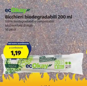 ALDI Ec Okay Bicchieri biodegradabili 200ml 50 pezzi offerta